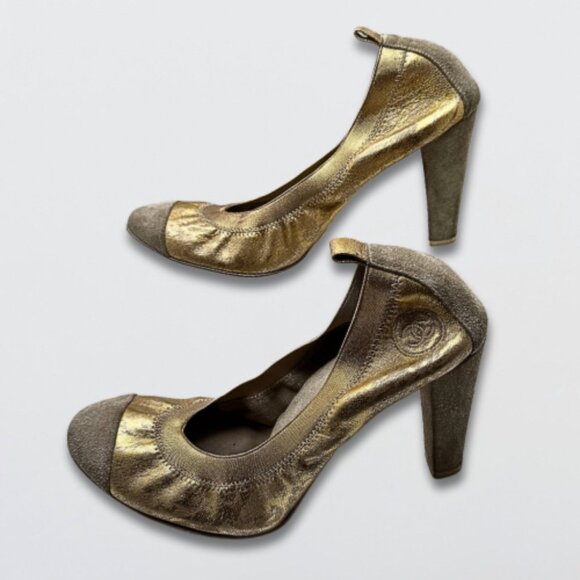 Chanel Scrunch Pumps Suede Cap Toe Leather Rubber Sole Slip-On Gold/Grey 41.5 - Picture 4 of 16
